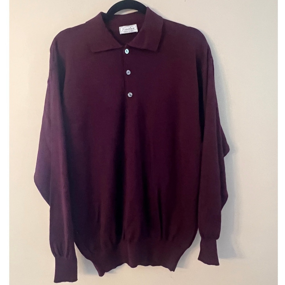 Visitor Italy Mens XXL‎ Burgundy Long Sleeve Knit Polo Sweater Wine Three Button